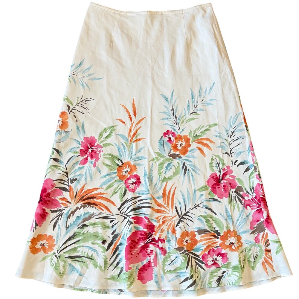 VTG Talbots Silk Linen Maxi Skirt Floral Boho Resort Cream 90s Bias Cut Sz 12 - Picture 2 of 10